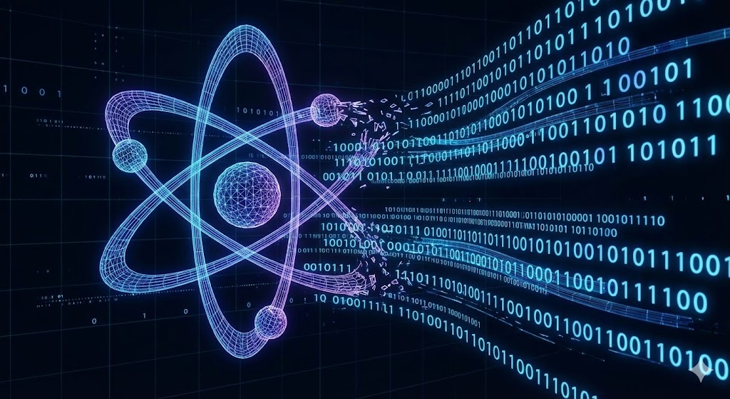 Conceptual visual: 3D wireframe atom dissolving into streams of binary 1s and 0s, illustrating the quantum transition from matter to information